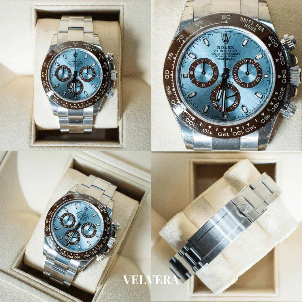 Rolex Daytona platinum watch with ice blue dial, brown ceramic bezel, shown in display box