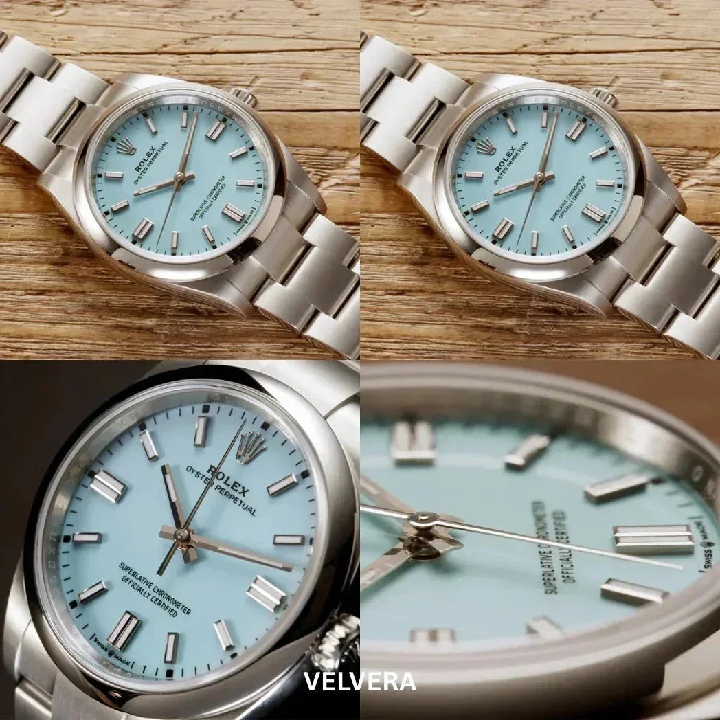 Rolex Oyster Perpetual stainless steel watch with turquoise blue dial on wood background, close-up and macro shots, Velvera branding at bottom.