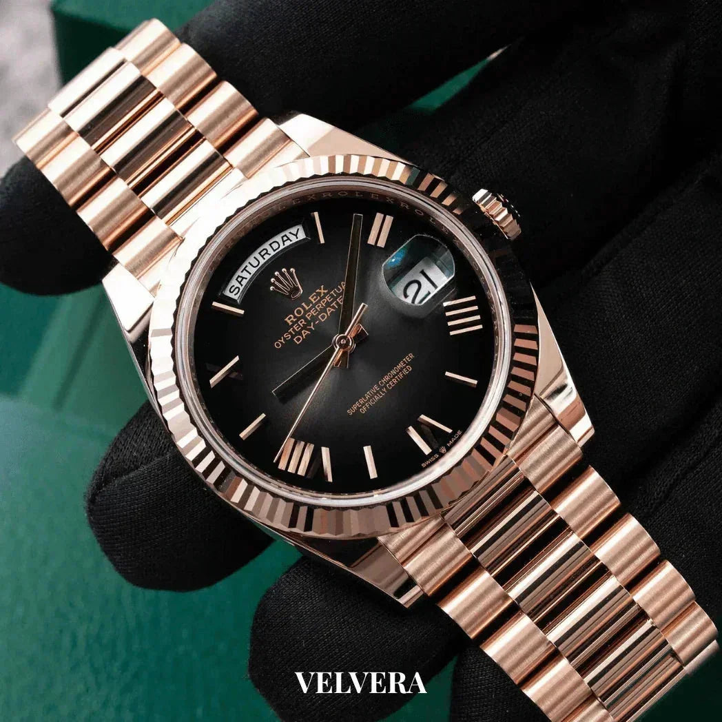 Luxury Rolex Day-Date gold watch with black dial, Roman numerals, close-up on glove
