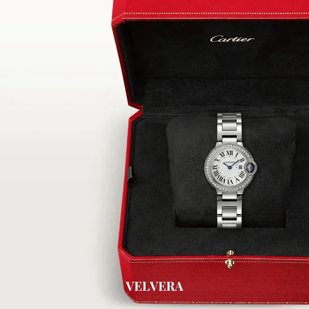 Cartier silver luxury watch with Roman numerals in red box, VELVERA logo visible