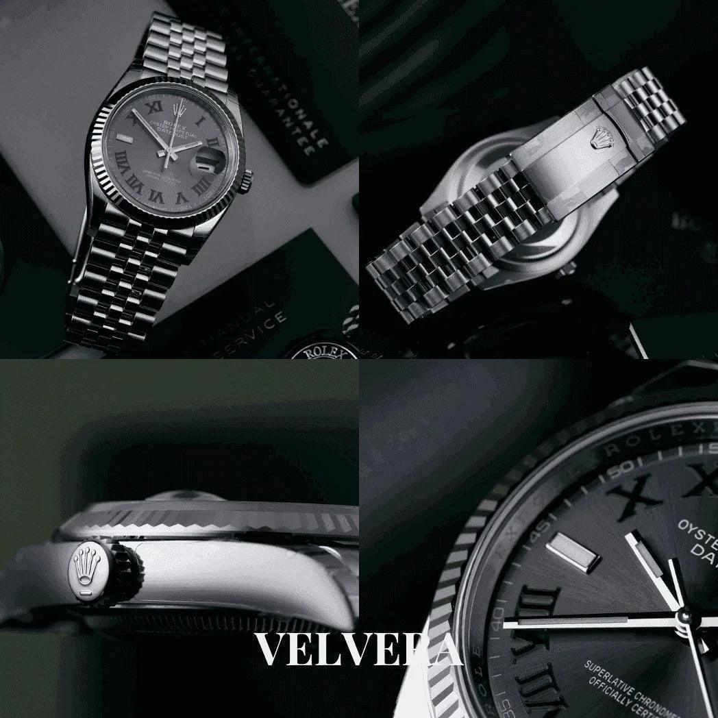 Luxury silver Rolex watch with Roman numerals, Jubilee bracelet, and fluted bezel close-ups