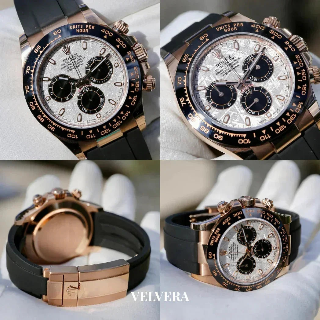 Rolex Daytona watch with meteorite dial, rose gold case, black ceramic bezel, and black rubber strap, shown in four close-up views.