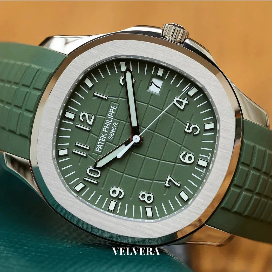 Green Patek Philippe Aquanaut watch with textured dial and matching rubber strap