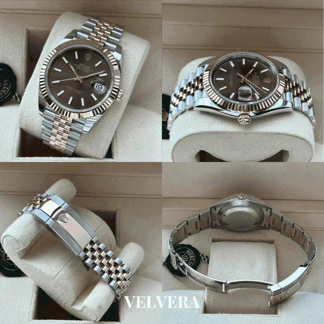 Rolex Datejust two-tone watch with silver and gold bracelet in display box, close-up views