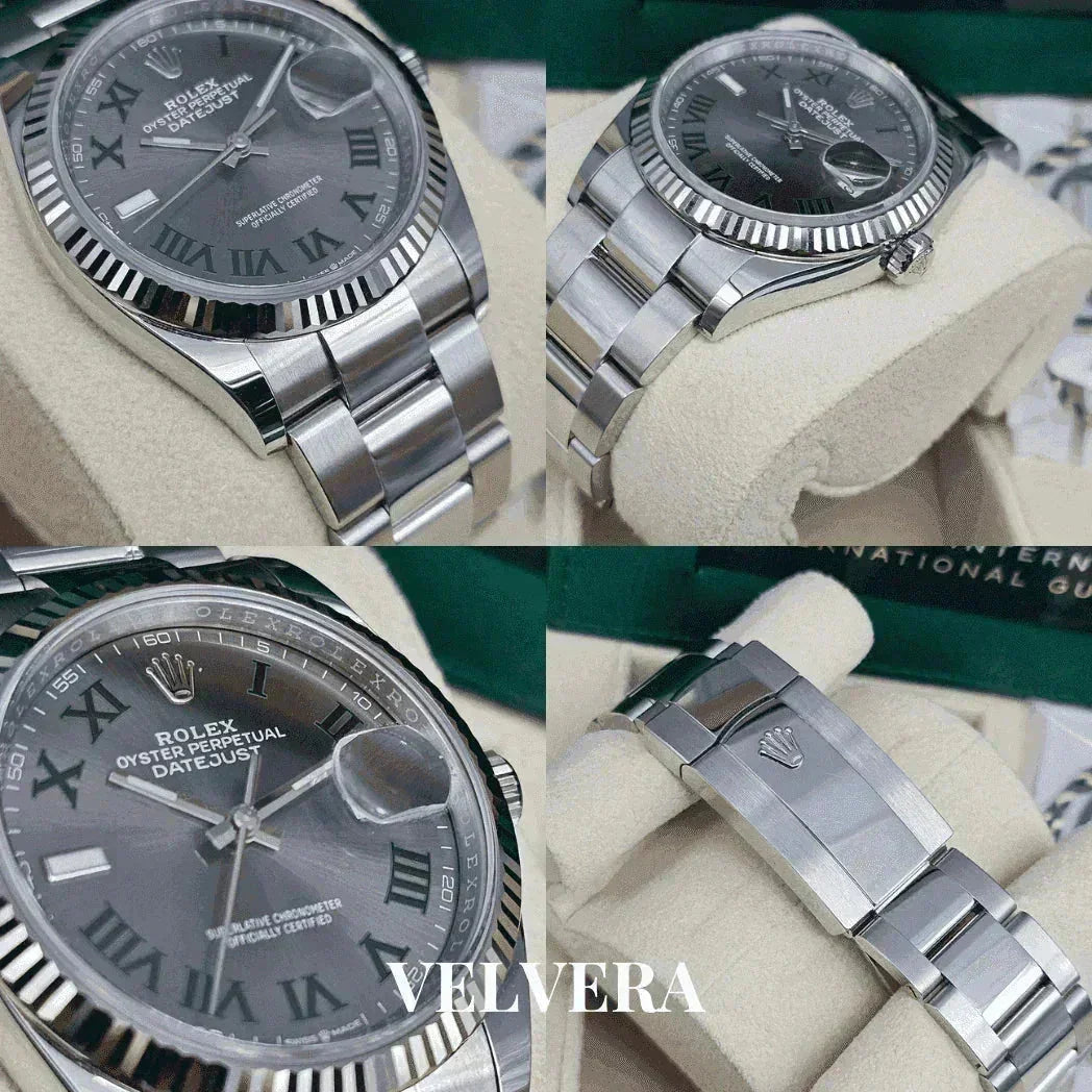 Rolex Datejust stainless steel watch with black Roman dial on bracelet, close-up views