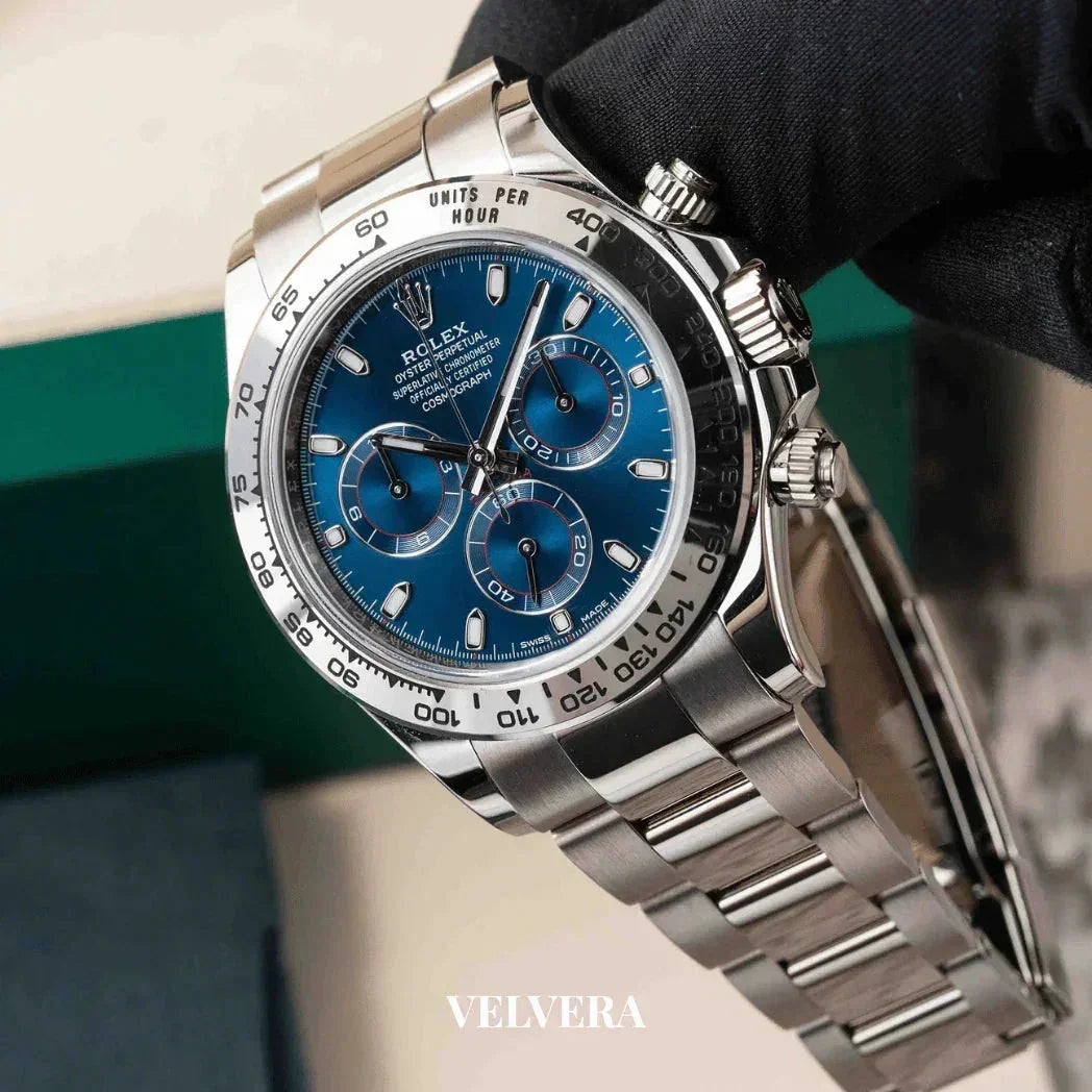Rolex Daytona blue dial chronograph luxury watch with stainless steel bracelet, VELVERA