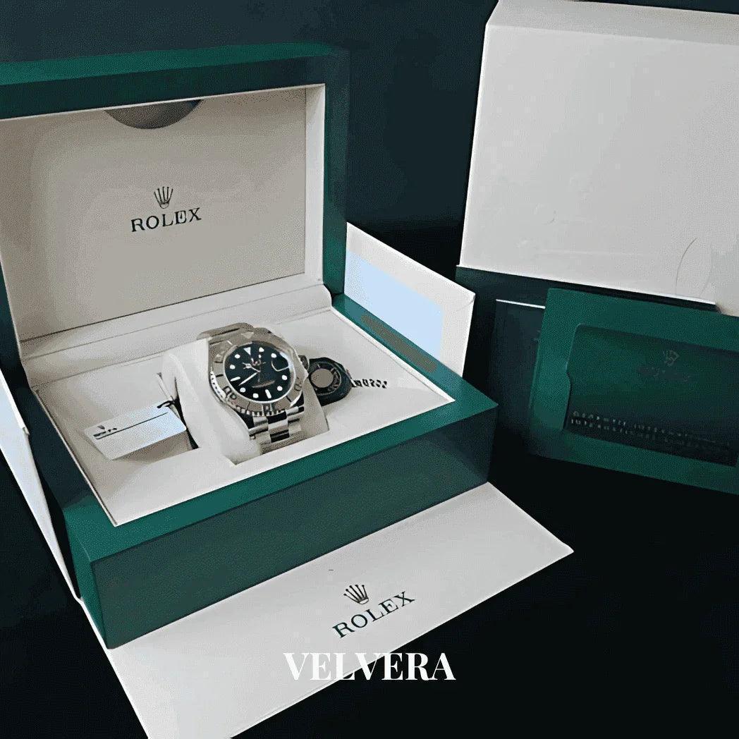 Rolex stainless steel watch in green box with packaging and accessories, VELVERA branding