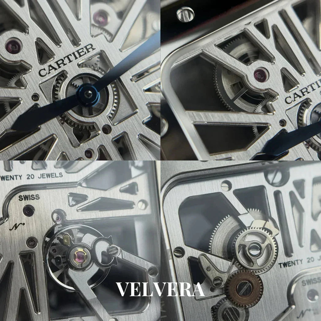 Cartier skeleton watch close-up, showcasing gears, SWISS movement, and VELVERA branding.