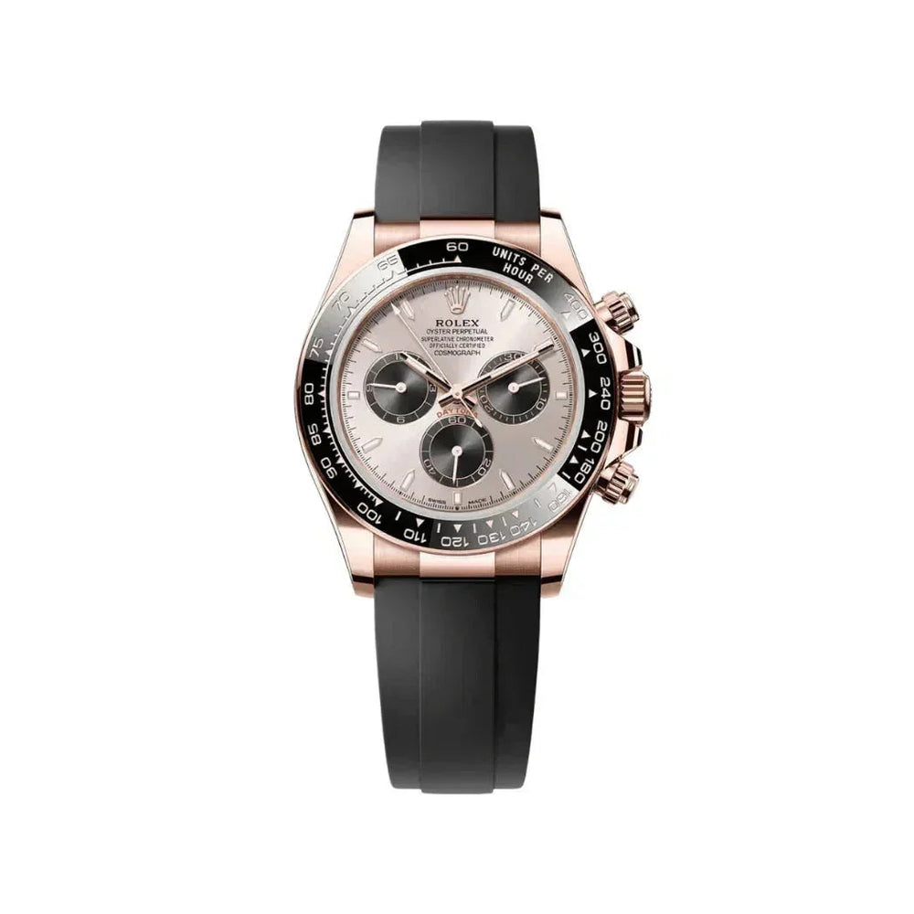 Luxury Rolex chronograph watch with rose gold case, black bezel, and black rubber strap