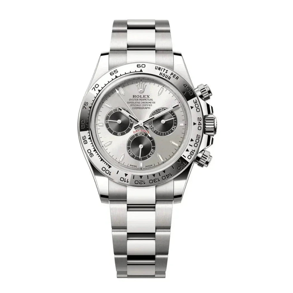 Stainless steel Rolex Daytona chronograph watch with silver dial and three black subdials