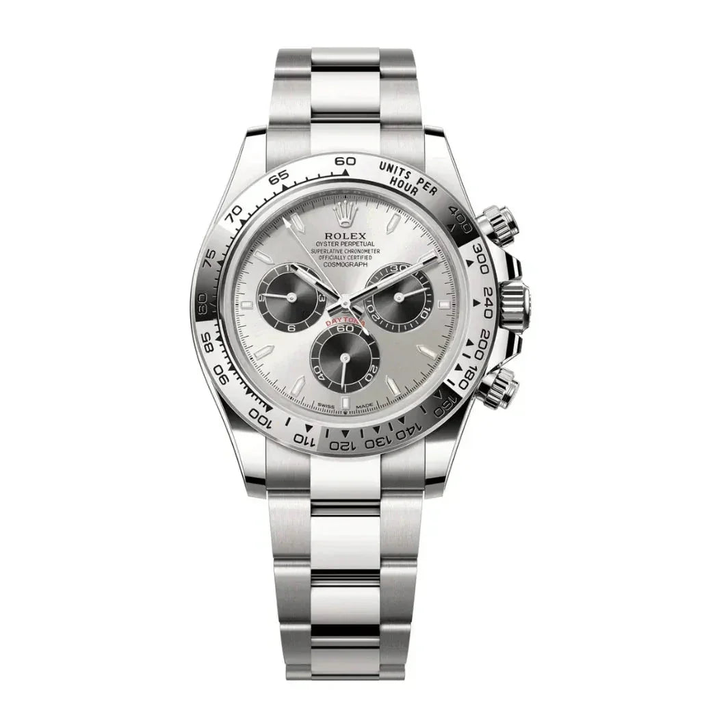 Stainless steel Rolex Daytona chronograph watch with silver dial and three black subdials