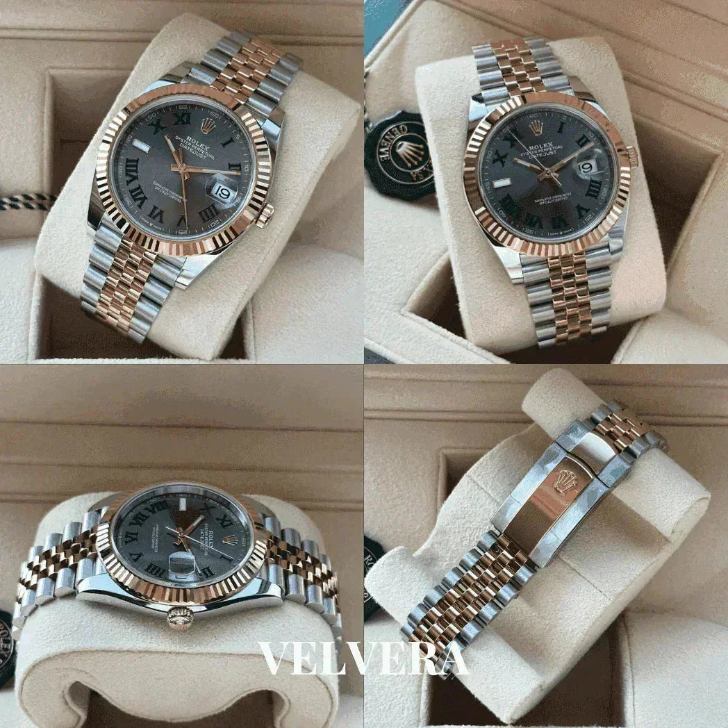 Two-tone Rolex watch with black dial and gold bezel on display in a cream presentation box