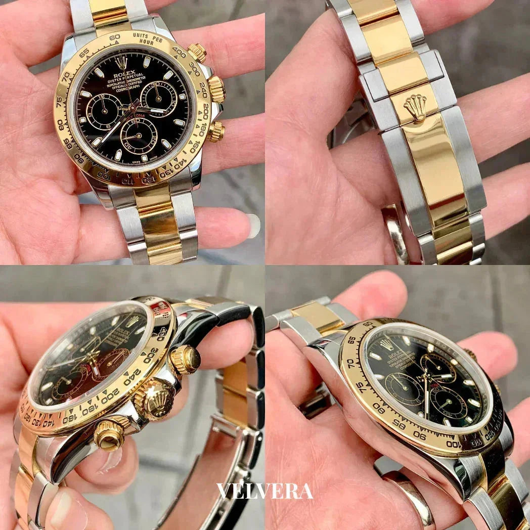 Two-tone Rolex Daytona watch with black dial, gold bezel, and stainless steel bracelet.