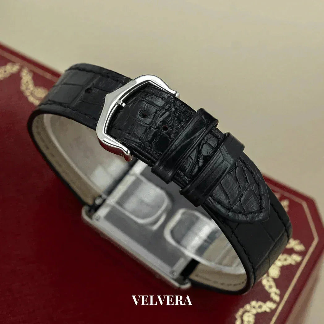 Black leather alligator pattern watch strap with silver buckle on red box, Velvera brand