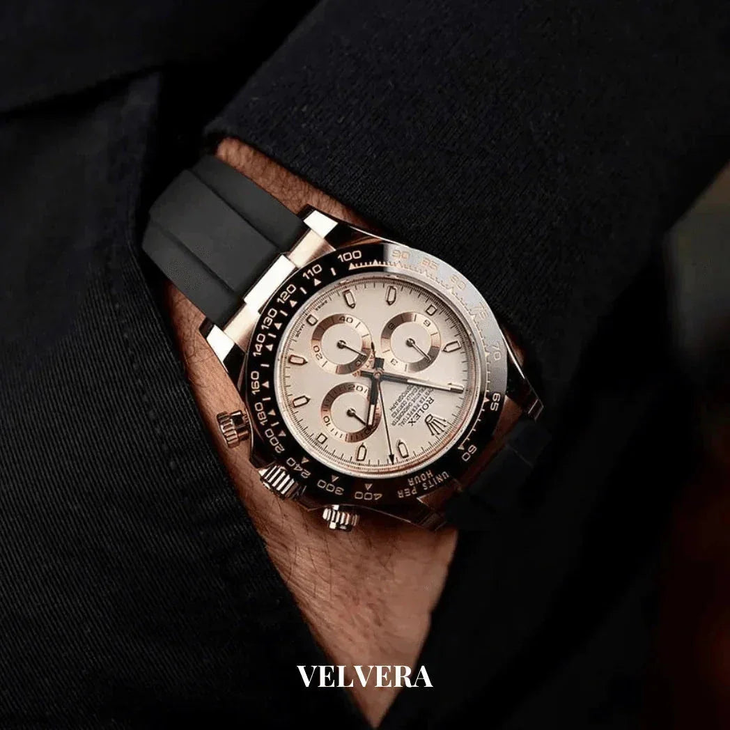 Luxury chronograph watch with black strap on wrist, VELVERA branding, elegant style