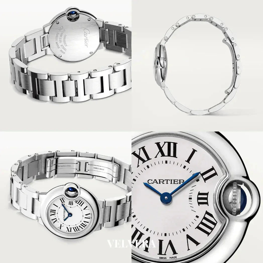 Cartier Ballon Bleu stainless steel watch with Roman numeral dial and blue crown details.