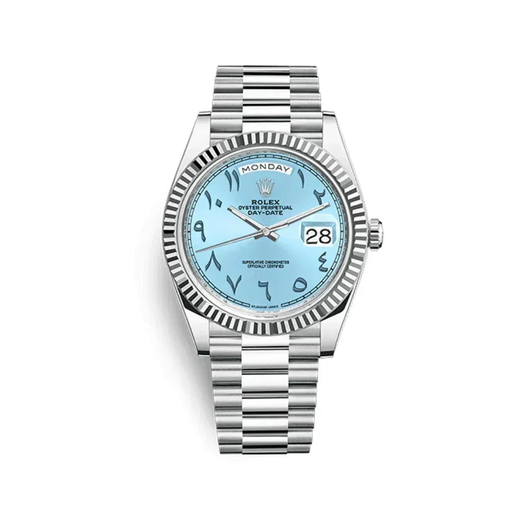 Rolex Day-Date silver watch with ice blue dial and Arabic numerals on a white background