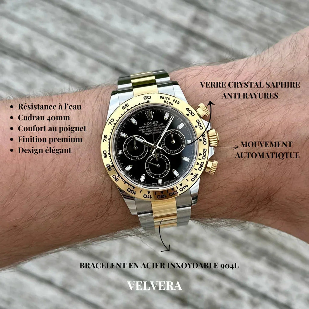 Luxury two-tone wristwatch with black dial, stainless steel and gold bracelet on wrist, premium design.