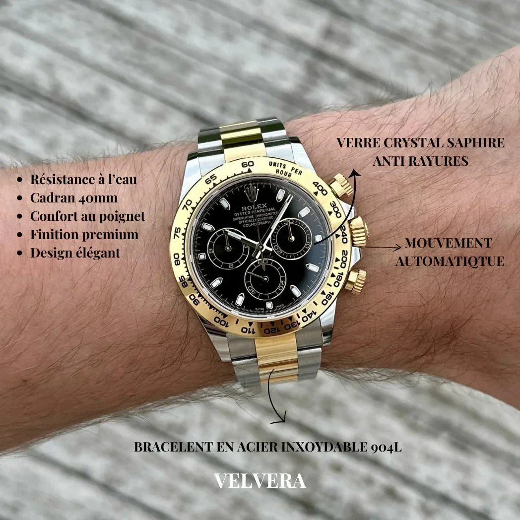 Luxury two-tone wristwatch with black dial, stainless steel and gold bracelet on wrist, premium design.