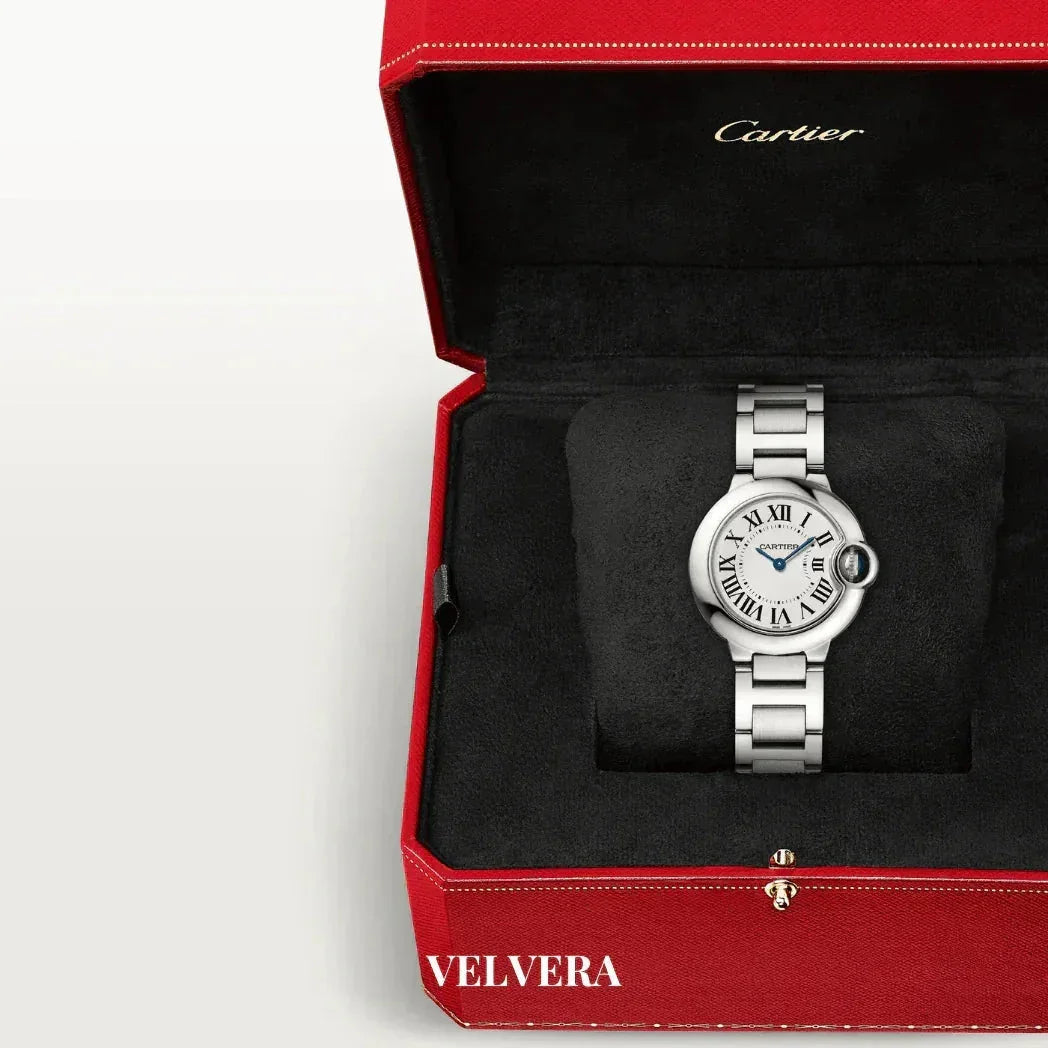 Cartier silver watch with Roman numerals in red velvet box, luxury gift presentation