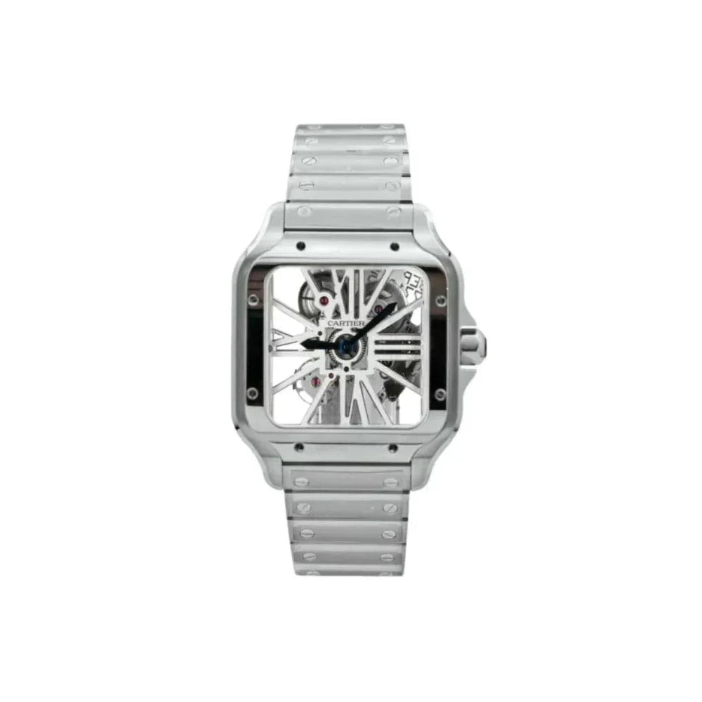 Luxury Cartier Santos skeleton watch with stainless steel case and bracelet on white background