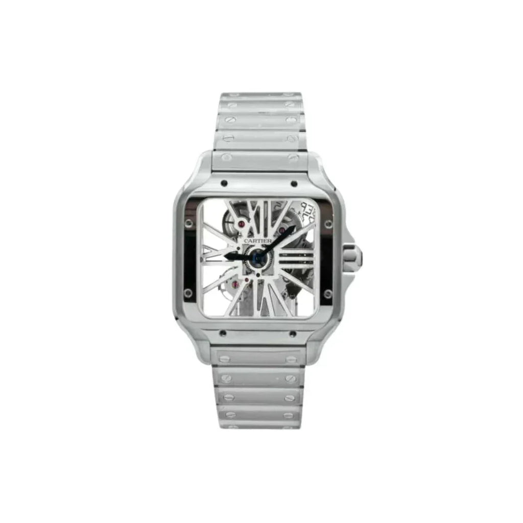 Luxury Cartier Santos skeleton watch with stainless steel case and bracelet on white background