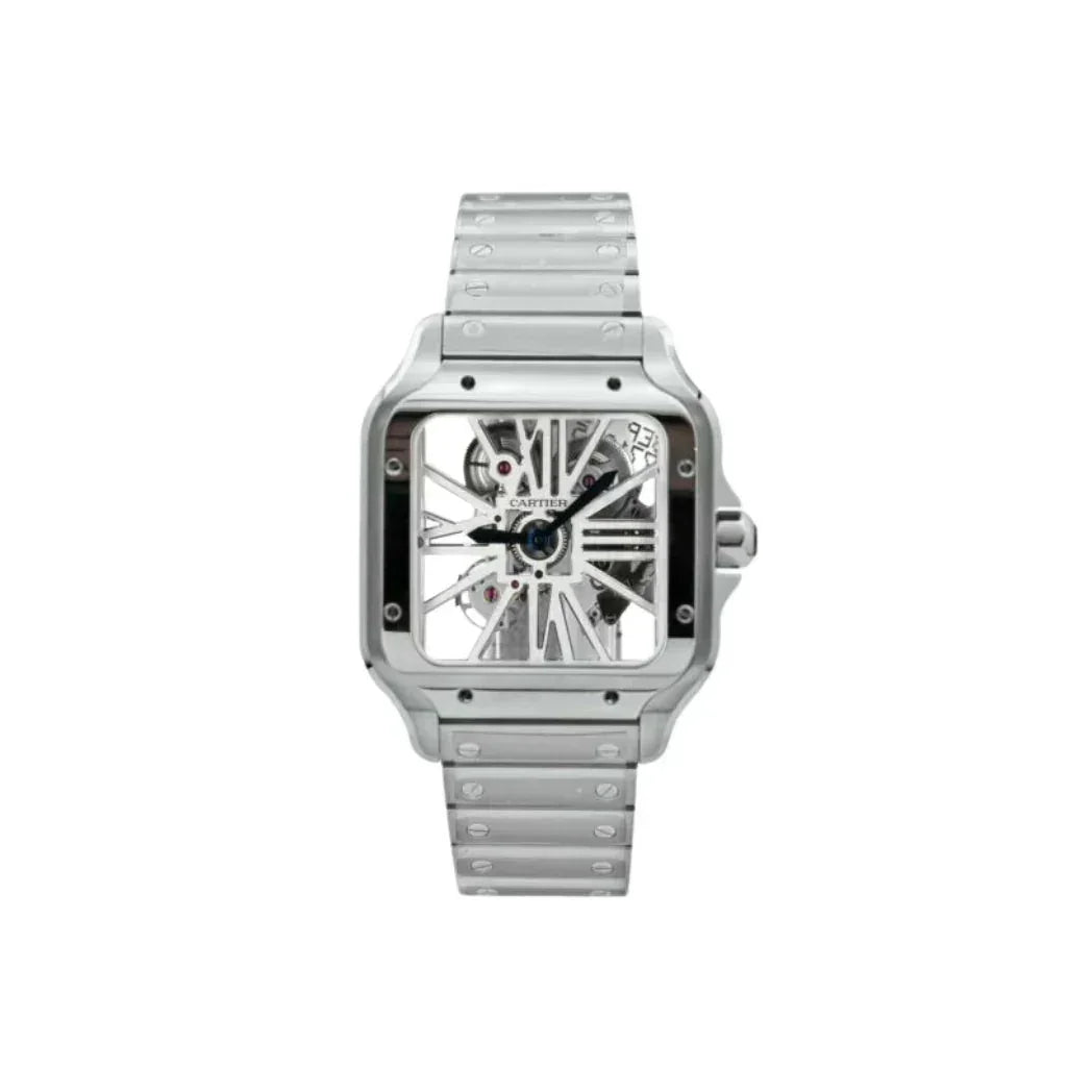 Luxury Cartier Santos skeleton watch with stainless steel case and bracelet on white background