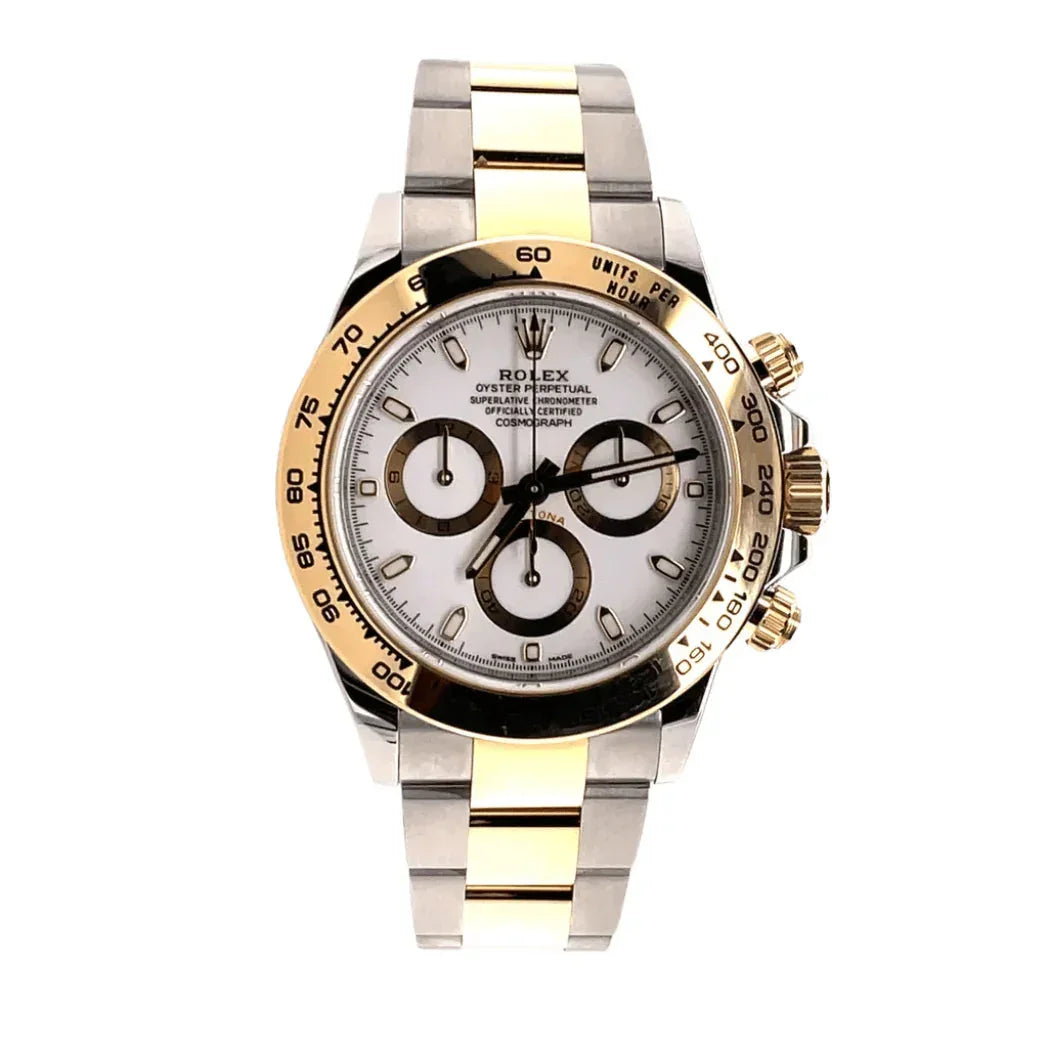 Two-tone gold and silver chronograph watch with white dial and three subdials on white background