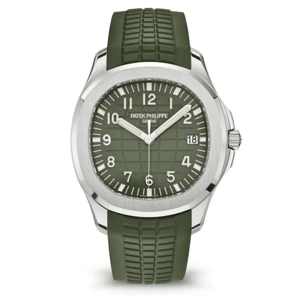 Patek Philippe Aquanaut watch with green rubber strap and green textured dial close up