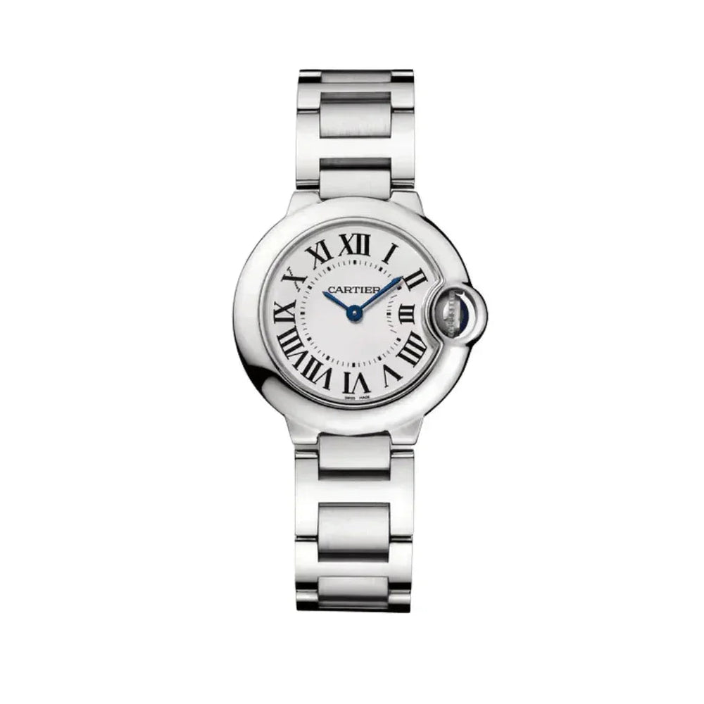 Silver luxury wristwatch with round face, Roman numerals, and metal link band on white background