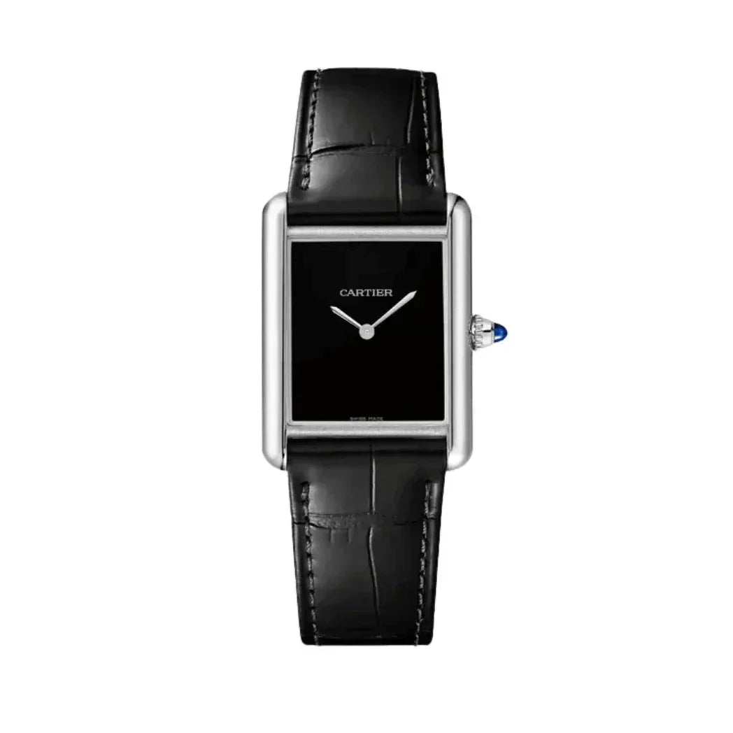 Cartier Tank wristwatch with black leather strap, black rectangular dial, silver case