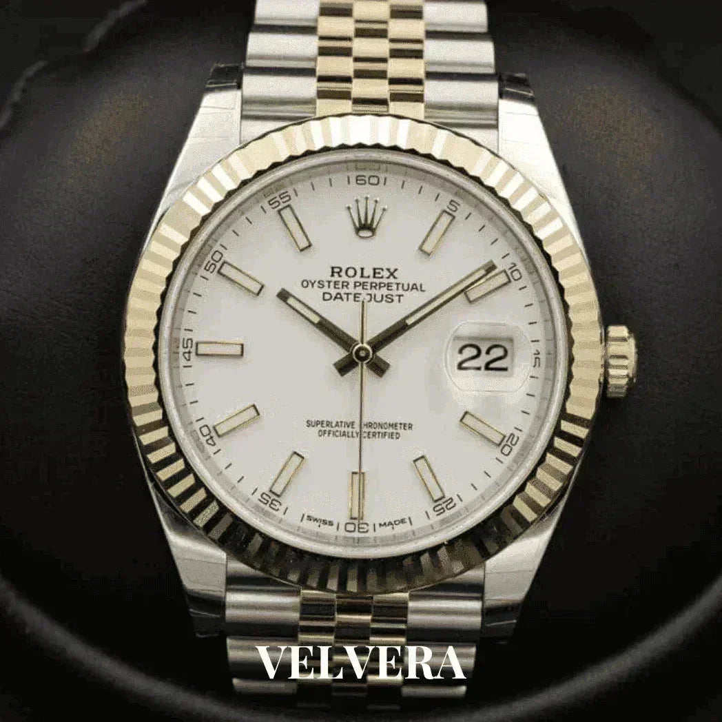 Rolex Datejust 41mm white dial watch with gold and silver jubilee bracelet, Velvera branding