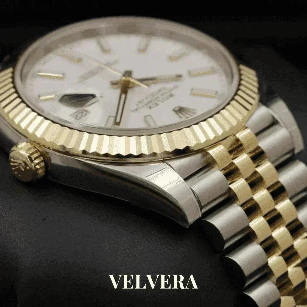 Rolex Datejust 41mm two-tone watch with white dial and jubilee bracelet on black background, Velvera