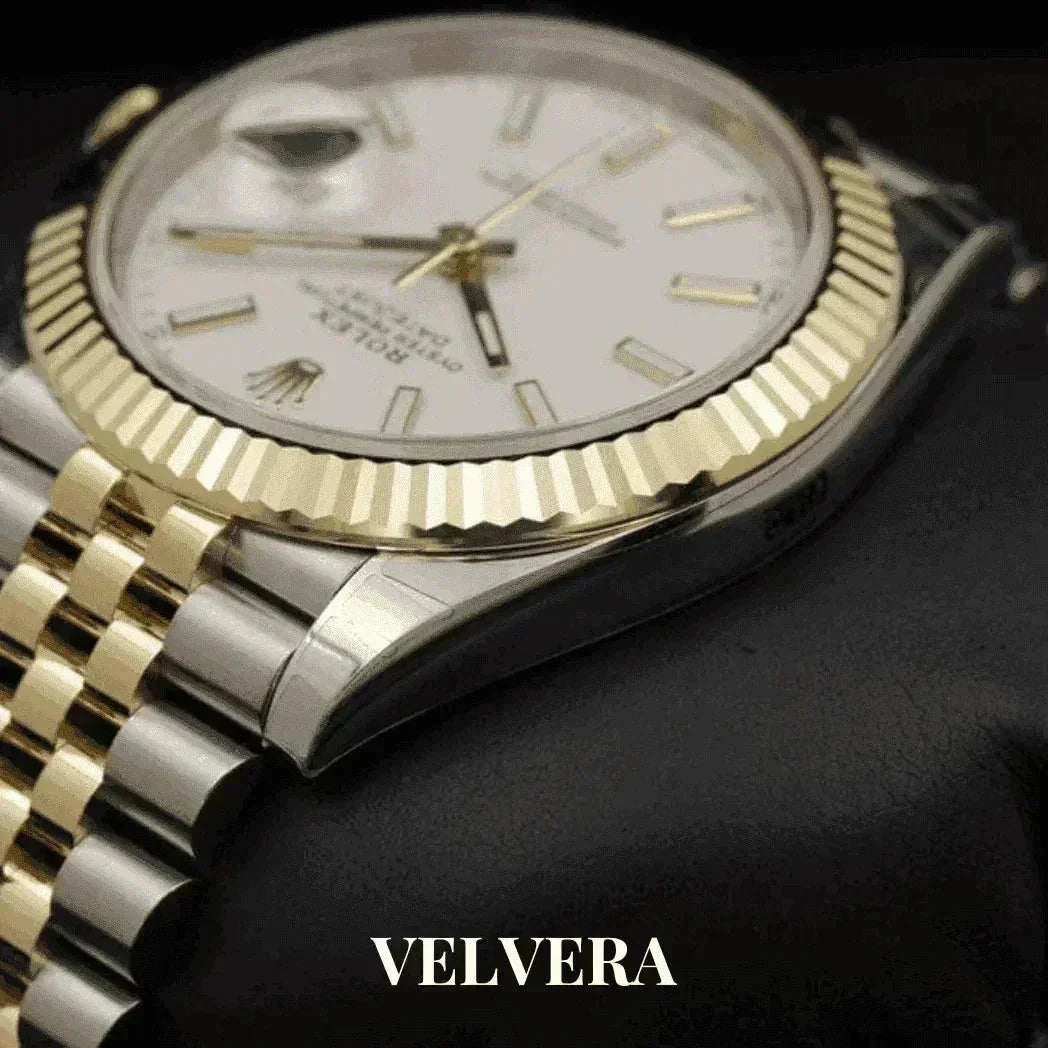 Gold and silver Rolex Datejust 126333 watch with white dial and jubilee bracelet on Velvera pillow