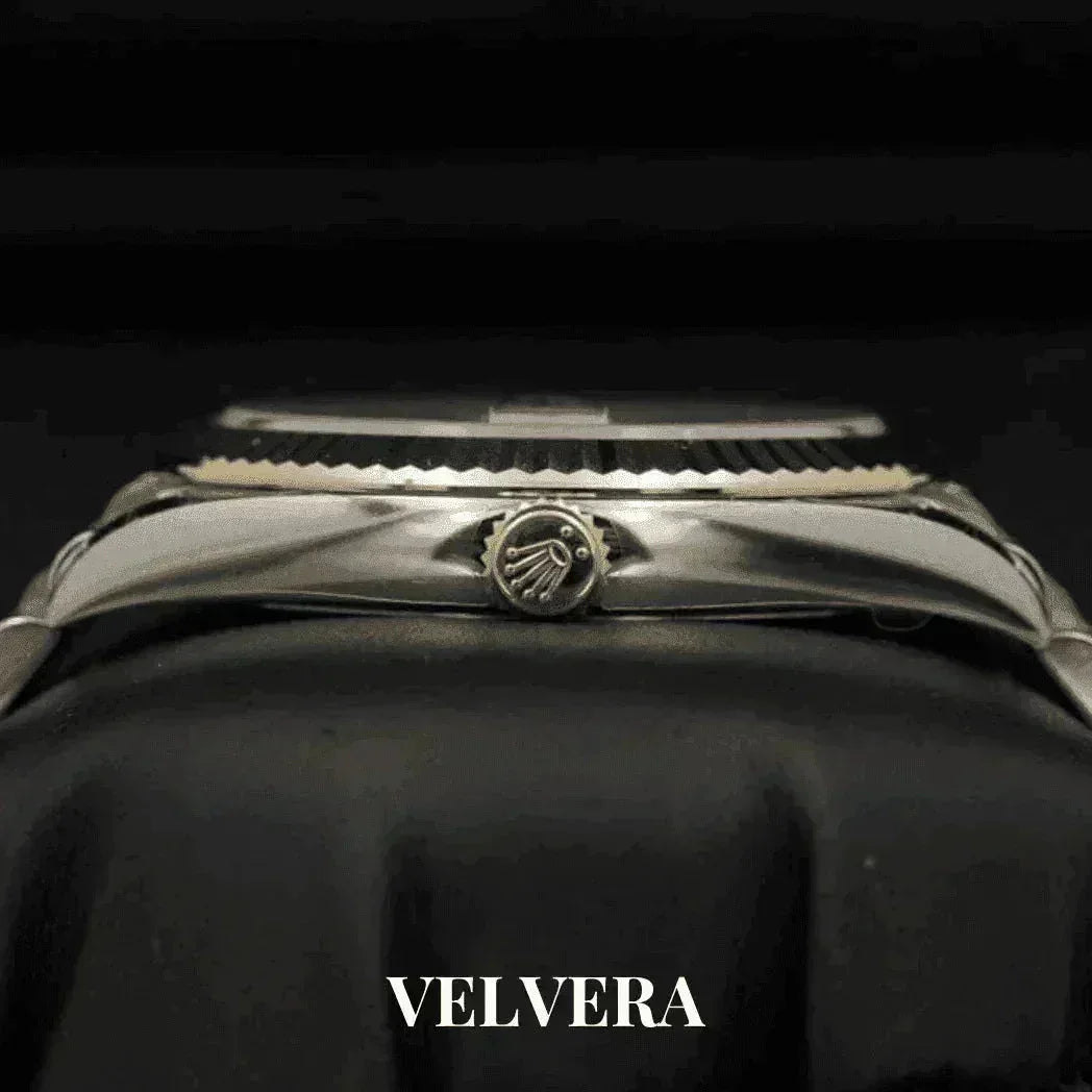 Side view of Rolex Datejust 41mm jubilee watch with crown and Velvera branding