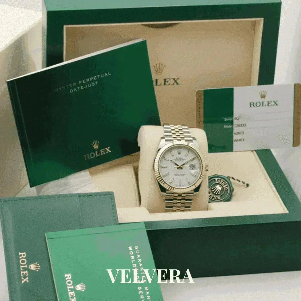 Rolex Datejust 126333 41mm white dial Jubilee bracelet with box, papers, and Velvera branding