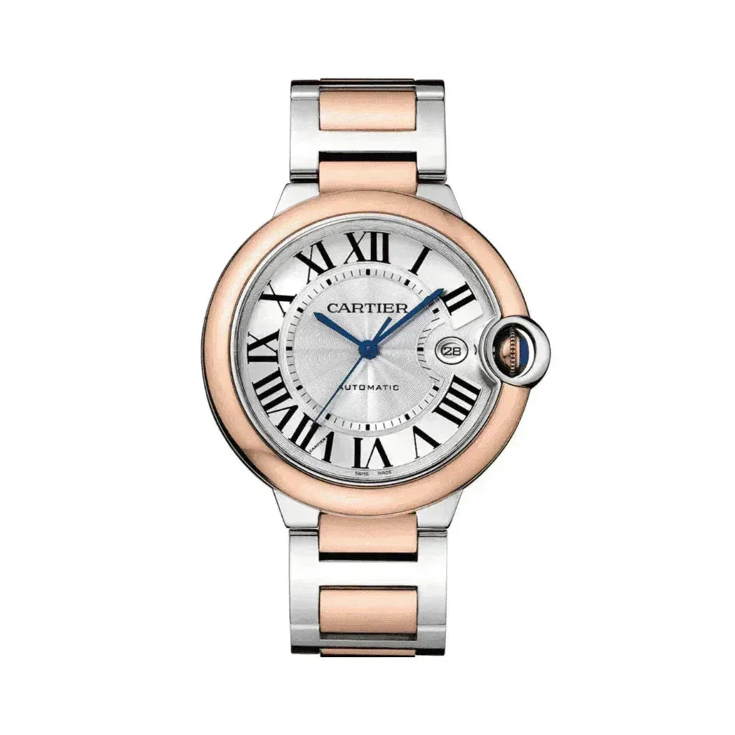 Women's Ballon Bleu watch with silver and rose gold bracelet, Roman numerals, and date window