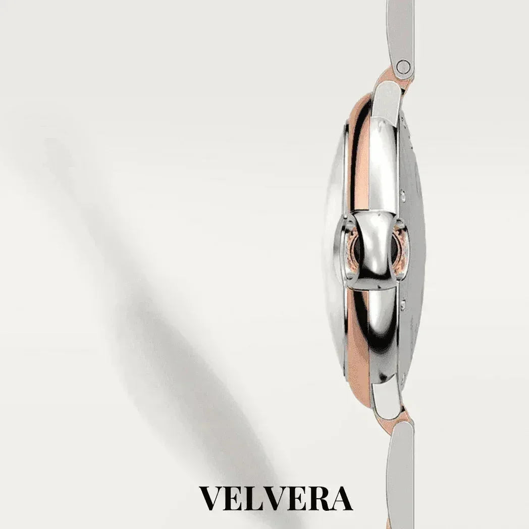 Side view of Velvera women's Ballon Bleu watch in silver and rose gold on white background