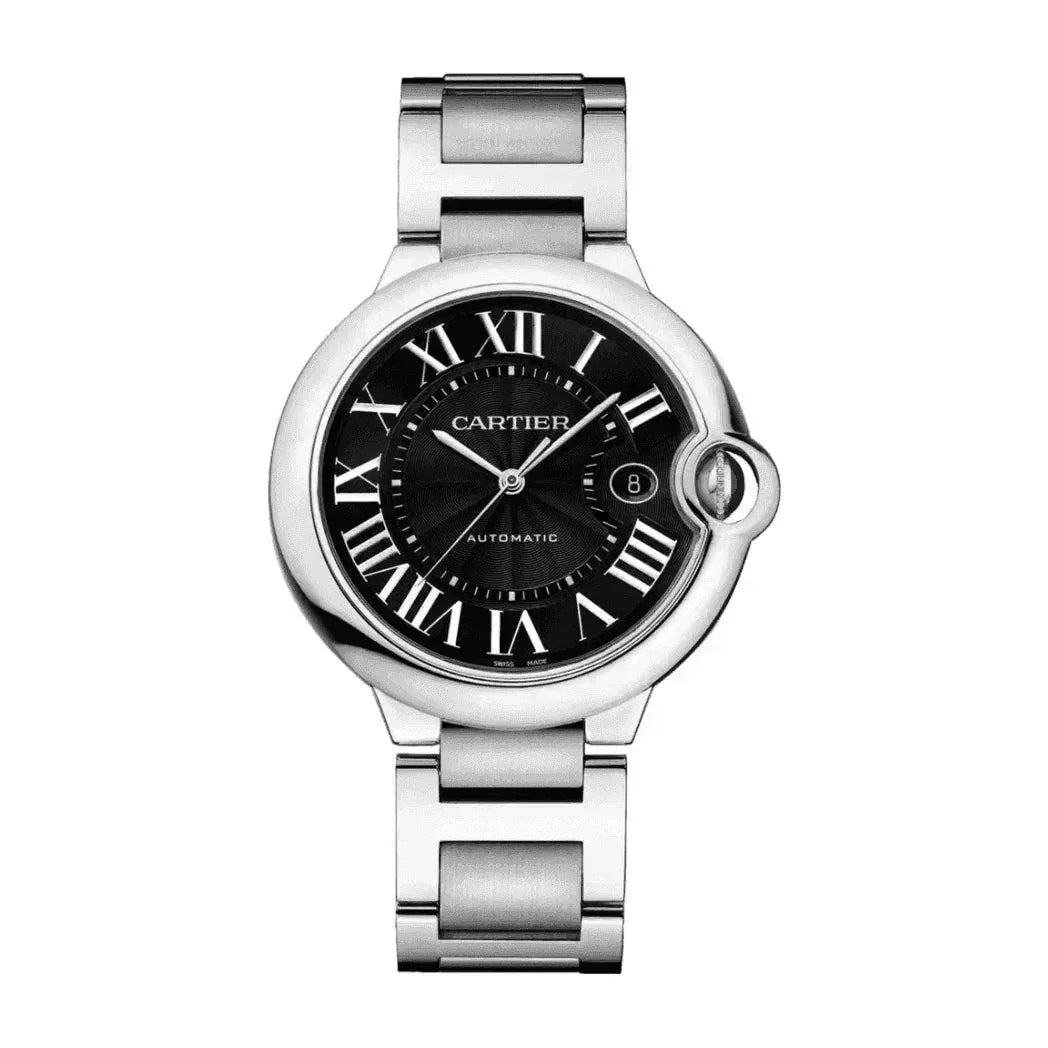 Women's stainless steel wristwatch with black dial and Roman numerals on white background