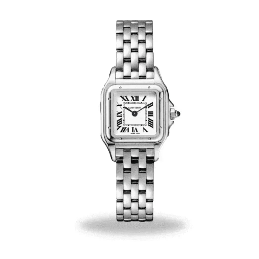 Silver women's Panthere watch with Roman numerals and square face on white background