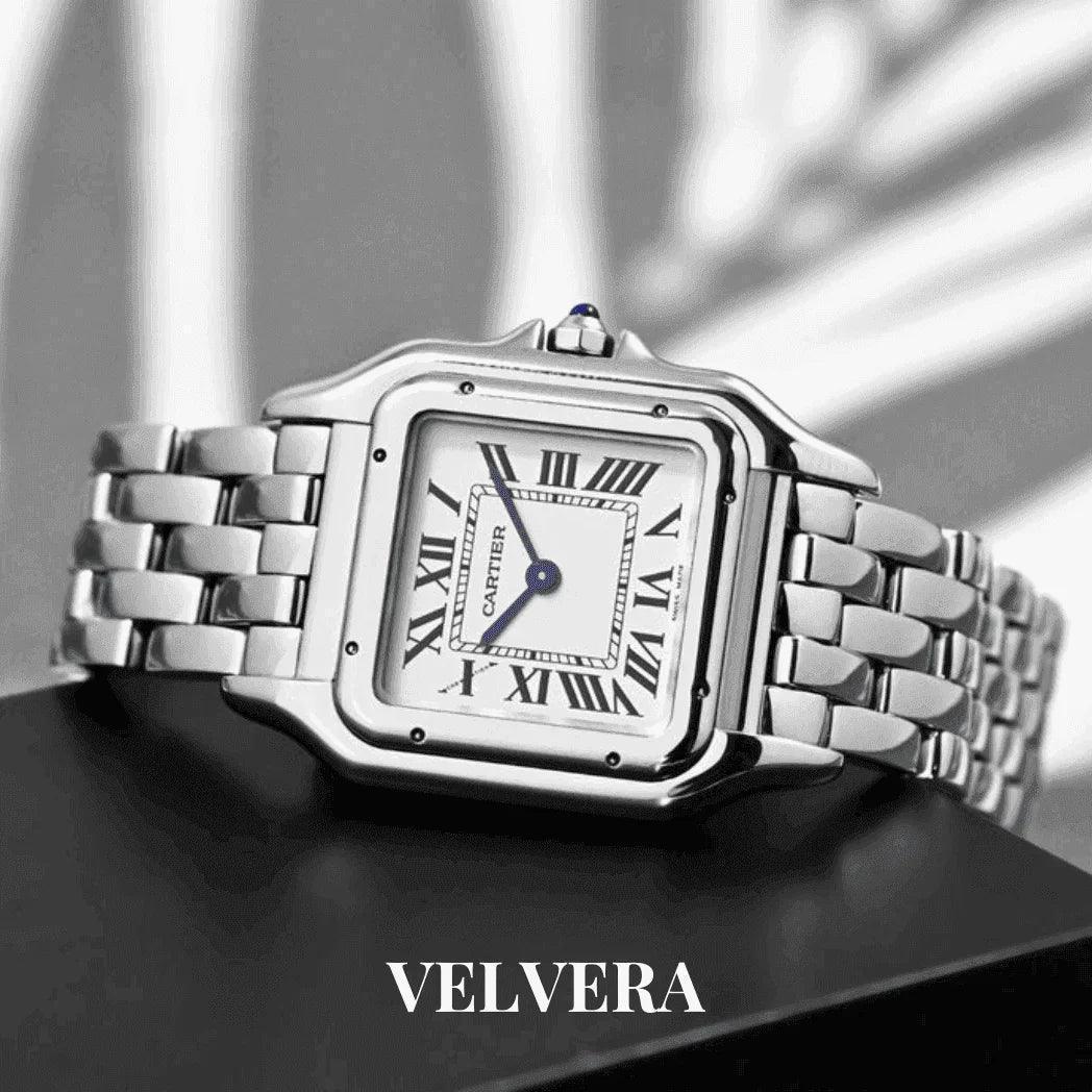 Silver Cartier Panthère women's watch with Roman numerals on Velvera display.