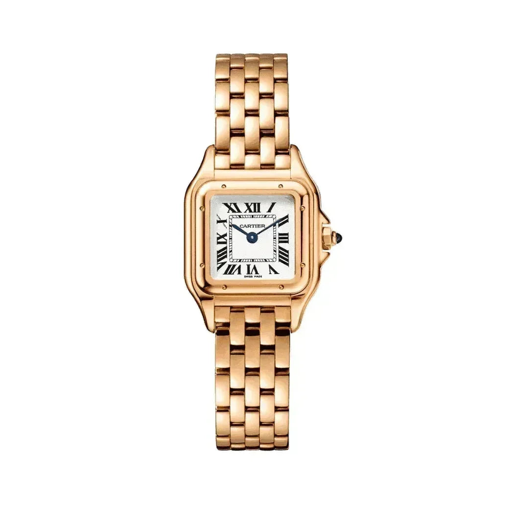 Rose gold women's watch with Roman numerals and link bracelet on white background