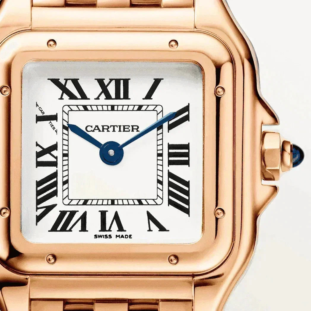 Rose gold women’s Cartier Panthère watch with Roman numerals and white dial