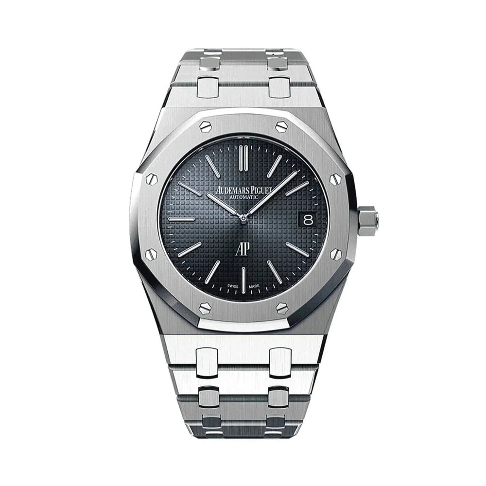 Audemars Piguet Royal Oak 41mm blue dial men's luxury stainless steel watch on white background