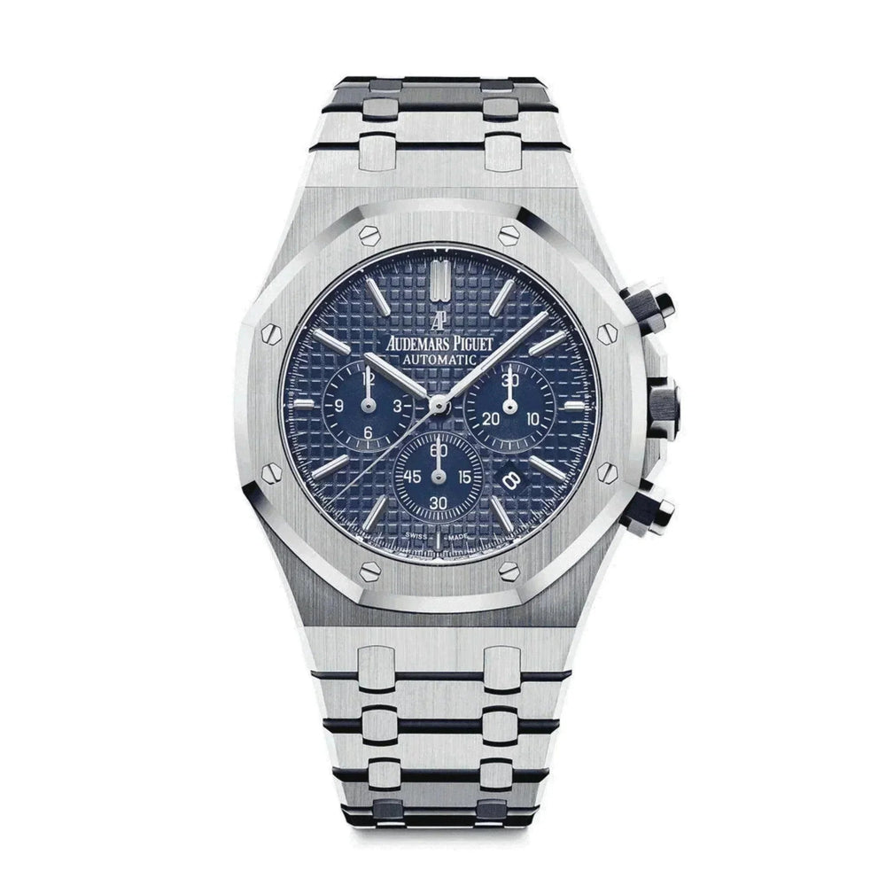 Audemars Piguet Royal Oak Chronograph 41mm stainless steel men's watch with blue dial.