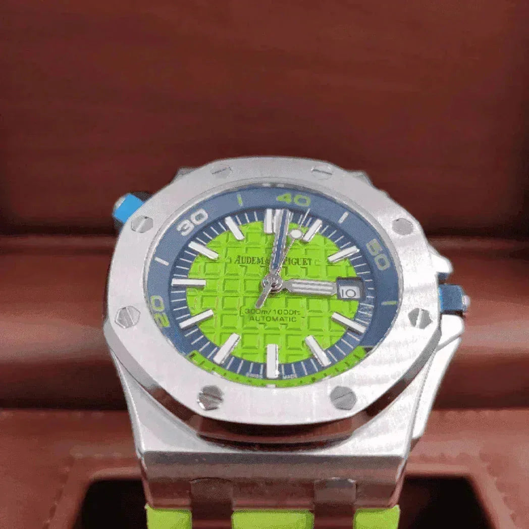 Audemars Piguet Royal Oak Offshore Diver watch with lime green dial and silver case.