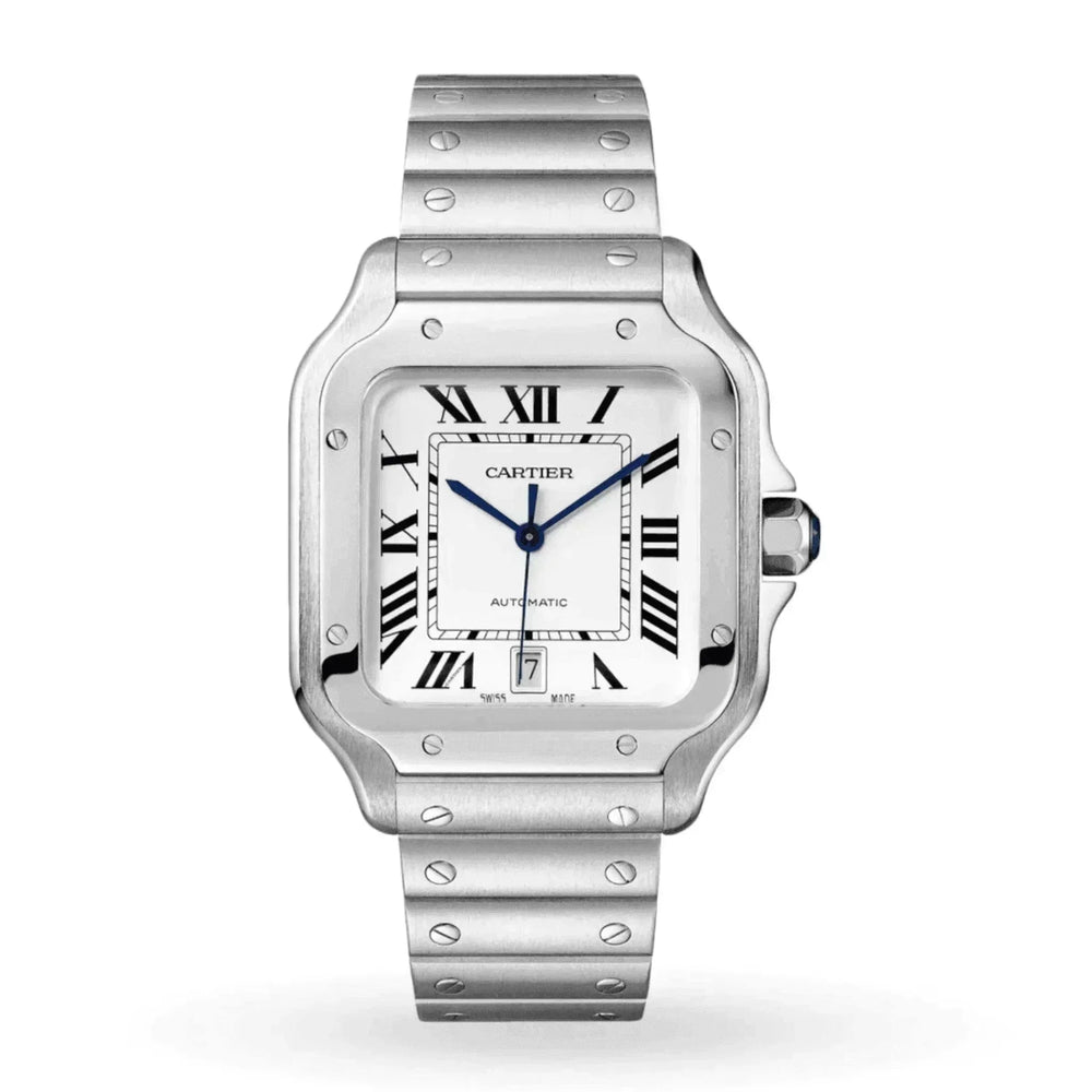 Cartier Santos men's watch with Roman numeral dial and stainless steel bracelet