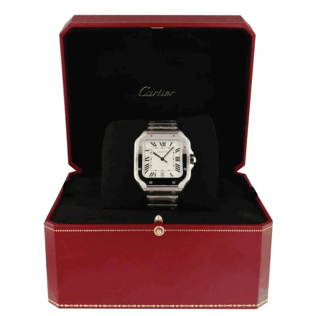 Cartier Santos men's watch with silver bracelet in red display box
