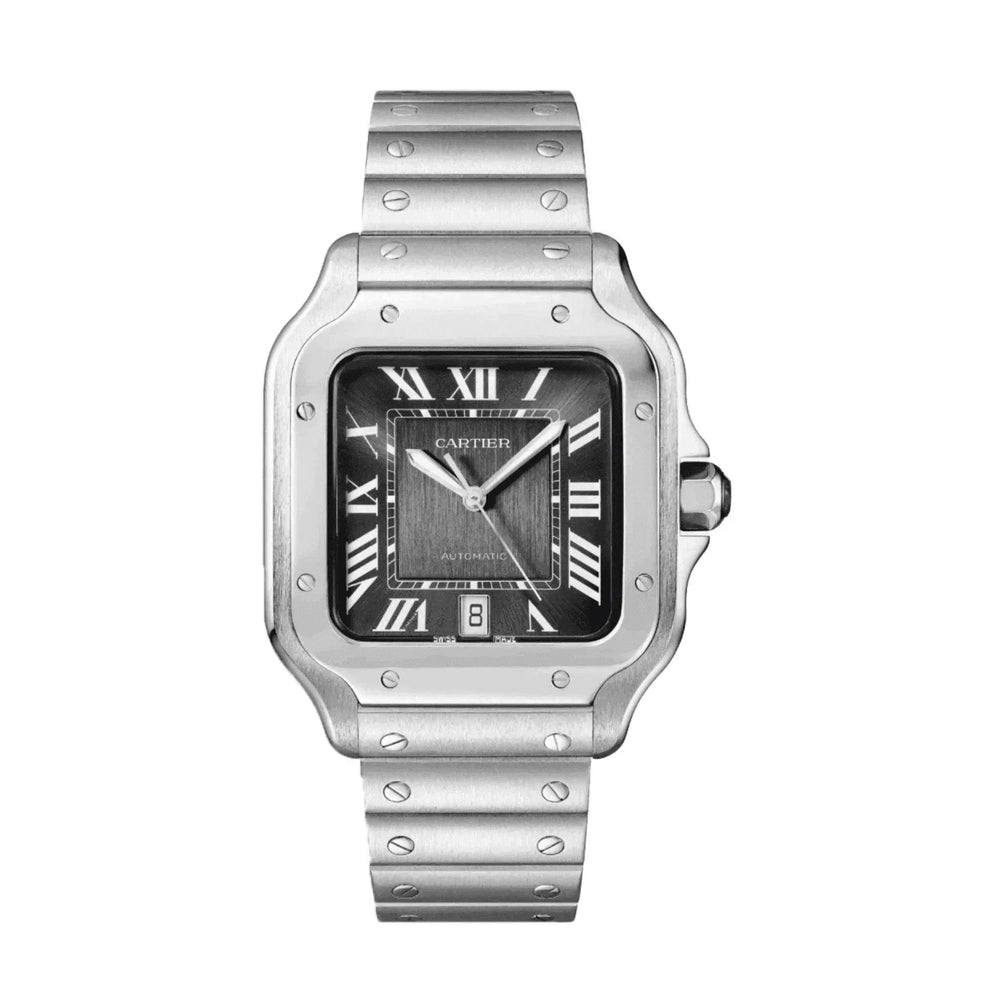Silver Cartier Santos men's watch with black Roman numeral dial and stainless steel bracelet