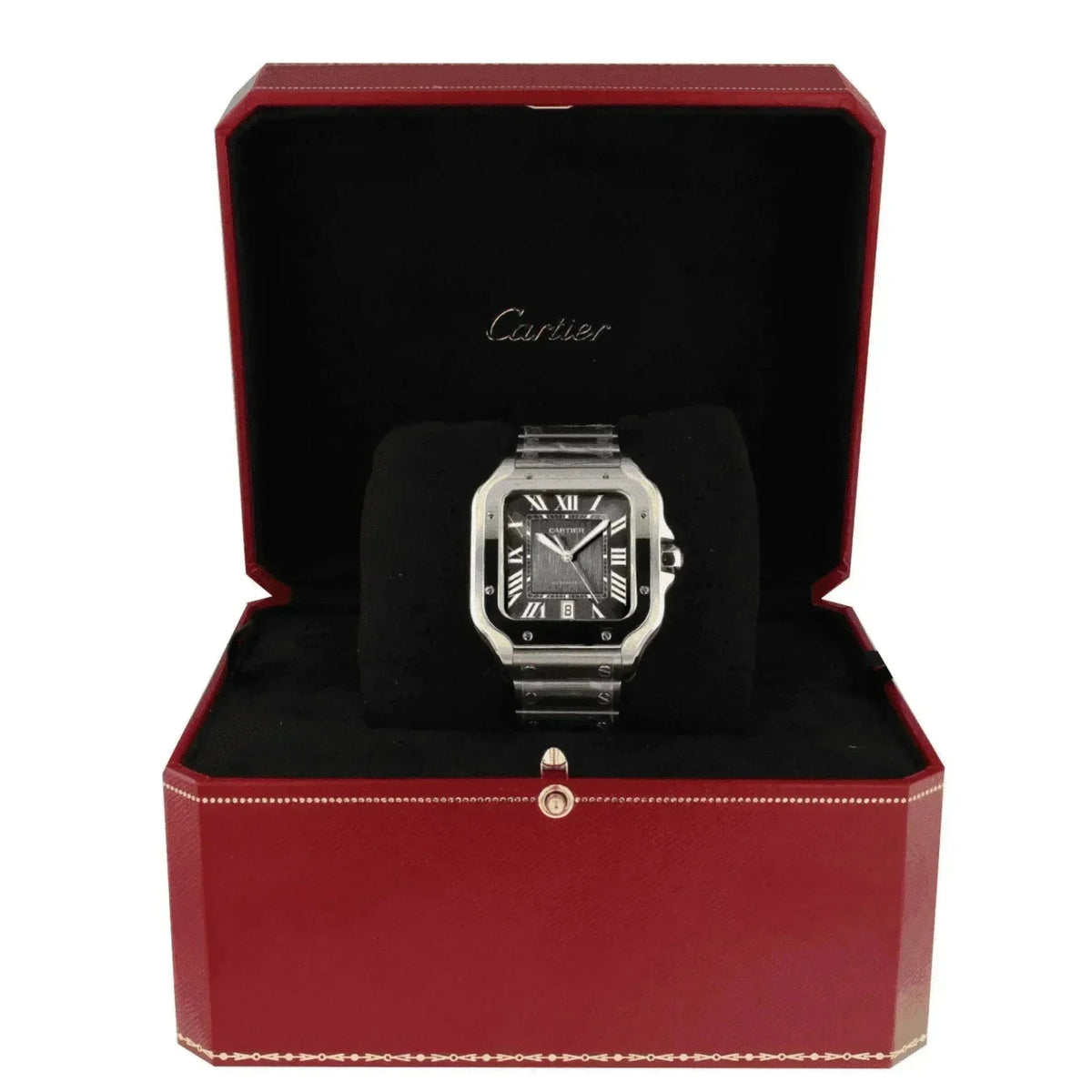 Cartier Santos men's watch with stainless steel bracelet in red Cartier box